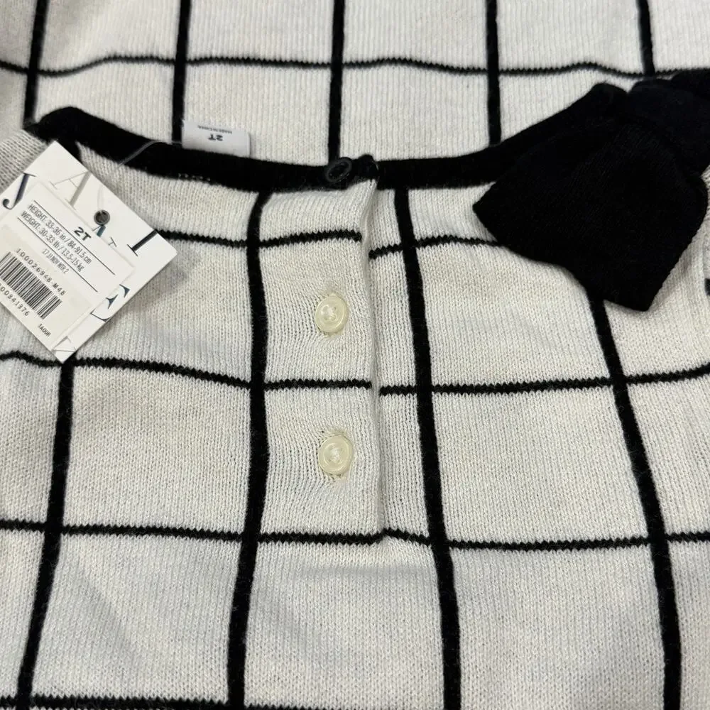 Janie and Jack Black White Windowpane Sweater Dress Shoulder Bow Toddler 2T NWT